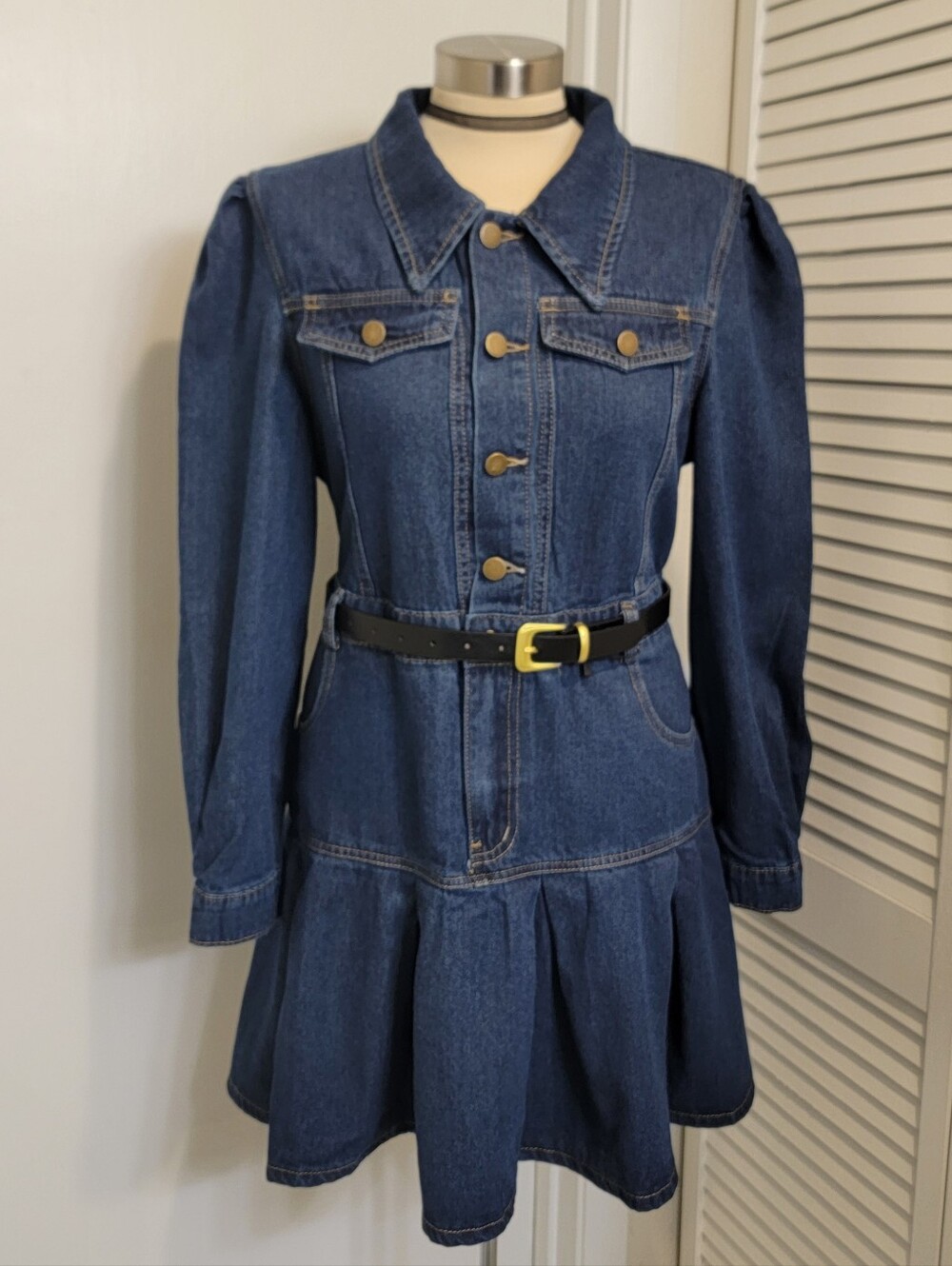 WD.NY Dark Blue Denim Long Sleeve Button-Front Dress with Belt NWT - Picture 6 of 6